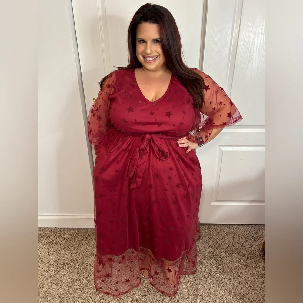 COPY - Plus Burgundy Flocked Mesh Velvet Star Dress